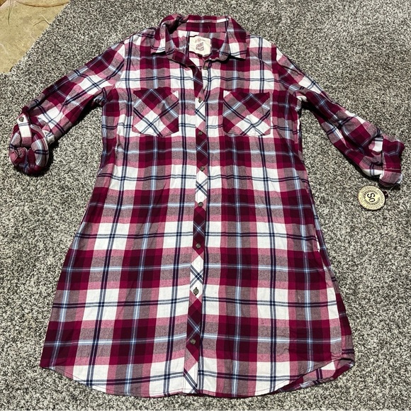 SO Shirt Dress Womens Large Plaid Red White Blue Long Sleeve Button Up NEW - Picture 1 of 8
